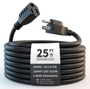 สายไฟต่อพ่วงแบบมีสายดิน สำหรับใช้ภายในและภายนอกอาคาร ยาว 25 ฟุต 16/3 SJTW ขนาด 16AWG 13A 1625W ได้รับการรับรองมาตรฐาน ETL แบบ 3 ขา สีดำ ทนทาน - Product Image 1
