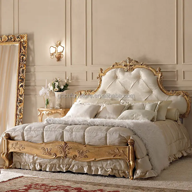 Cama tallada a la moda de 1,8 m, estilo palacio francés, paño de hojas doradas, arte pintado, dormitorio, Princesa, cama de madera sólida