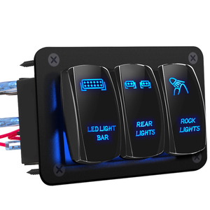 Panneau de commande à 3 interrupteurs pré-câblé pour bateau, avec LED bleues et motifs laser, 12V, en aluminium, étanche, interrupteur à bascule marche/arrêt - Product Image 1