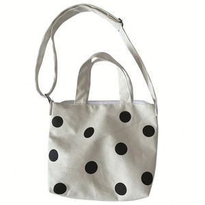 Black White Zipper Canvas Women's Polka Dot Bohemian Student Class Tote <b>Bag</b> <b>Tablet</b> Storage Adjustable Strap Crossbody Handbag - Product Image 2
