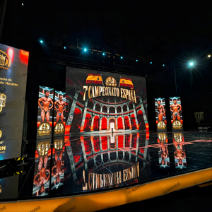 Écran LED d'intérieur RAYBO à louer, série OptiFlex, HD P3.91, taille 62 ㎡   Toile de fond de scène LED pour les compétitions de musculation espagnoles. - Product Image 2