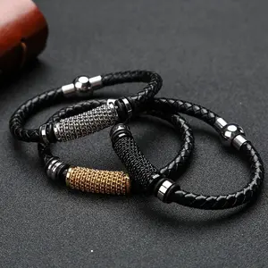 Braccialetti con bracciale a tubo piegato alla moda da uomo bracciale in pelle personalizzato in acciaio inossidabile da uomo con filo a catena