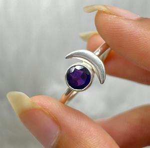 Crescent <b>Moon</b> Silver <b>Ring</b> for Women Vintage Boho Artisan Jewelry with Natural Amethyst Purple Bezel Setting for Weddings Parties - Product Image 6