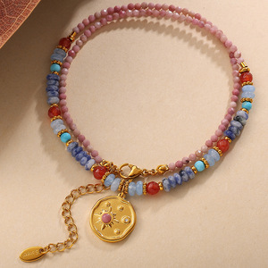 Natural Stone Beaded Necklace With Sun Pendant Geometric <b>Design</b> Zinc Alloy Fashion Jewelry For Women - Product Image 3