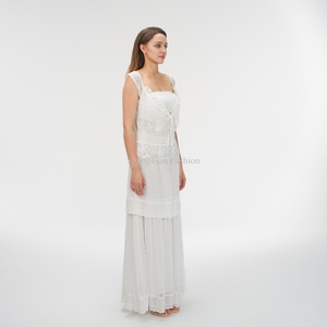 Robes longues décontractées en mousseline de soie pour femmes, brodées de dentelle florale avec fermeture éclair décorative, taille naturelle, grandes tailles, tendance, OEM - Product Image 4