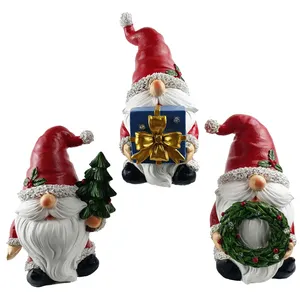 A Set Of 3 Pieces Resin Christmas Gnome Figurines Holds Christmas Tree,Presents And Wreaths