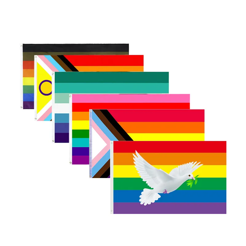 คุณภาพสูงสต็อกบิน 3x5ft โพลีเอสเตอร์ Big Rainbow เลสเบี้ยนรัก Intersex รวมความก้าวหน้า Pride LGBT เกย์ธง