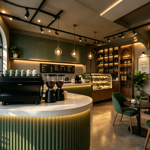 Café chaleureux avec comptoir vert côtelé, vitrine à pâtisseries, éclairage sur rail et plantes luxuriantes. - Product Image 6