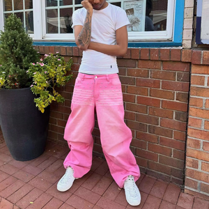 Pantalones <span class=keywords><strong>Vaqueros</strong></span> Anchos de Mezclilla <span class=keywords><strong>para</strong></span> <span class=keywords><strong>Hombre</strong></span>, Estilo Vintage, Lavado Ácido, Desgastado, Personalizado, <span class=keywords><strong>con</strong></span> Tachuelas, Rotos, Estilo Globo, Color Rosa, <span class=keywords><strong>para</strong></span> Ropa Urbana - Product Image 4