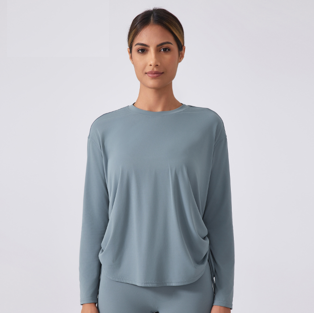 Women's Long Sleeve Yoga Top Naked Feeling Loose Fit Gym Shirt Anti-Bacterial Breathable Workout Tops with Side Drawstring