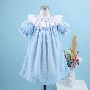 Robe d'hiver trapèze en coton 100% bleu clair 3D smockée pour enfants, modèle Bishop - Fabricant OEM ODM personnalisé - BB3170 - Product Image 1