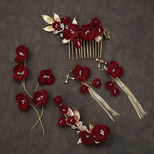 Retro <strong>Burgundy</strong> New Bride Headdress Ancient Style <strong>Hair</strong> <strong>Accessories</strong> Elegant Flowers <strong>Hair</strong> Comb <strong>Hair</strong> Clip Earrings Set - Product Image 2