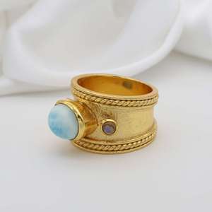 À la mode naturel rond double Labradorite et ovale Larimar pierres précieuses bague en laiton plaqué or 18K large bande bijoux pour femmes et hommes - Product Image 6
