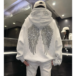 เสื้อฮู้ดดี้พิมพ์ลายปักนูน 3 มิติ ประดับคริสตัลหรูหรา แบบ OEM ODM สั่งทำได้  สำหรับผู้ชาย สไตล์สตรีทแวร์ ผ้าฝ้ายทรงโอเวอร์ไซส์ - Product Image 2