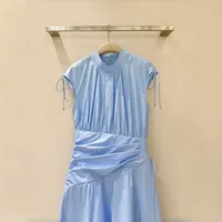 Robe vintage pour femme en coton, coupe trapèze, drapée, longueur genou, unie, col montant, avec cordon de serrage, sans manches