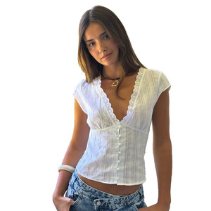 Camiseta de Punto para Mujer, Cuello en V, Manga con Volantes, Estilo Casual, con Cordones, de Algodón, Color Sólido, Corte Ajustado, Estilo Veraniego - Product Image 5