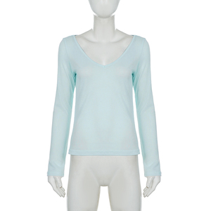Blusa de punto transparente con cuello en V para mujer, de manga larga, ecológica, holgada, informal y ligera - Product Image 6