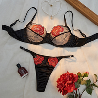 Ensemble de Lingerie Sexy en Satin Rose Brodé 3D, Respirant, Léger, en Maille Transparente, Soutien-Gorge à Armatures et Culotte String, 2 Pièces en Dentelle