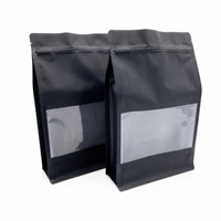 Pochette à fond plat personnalisée noire mate à huit soudures latérales avec fenêtre transparente frontale en PE, étanche et de qualité alimentaire, avec fermeture Ziplock