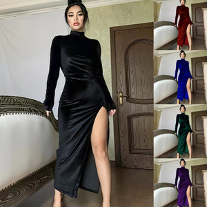 Abito Lungo in Velluto a Collo Alto da Donna, Vestito Autunno Inverno a Vita Alta <span class=keywords><strong>con</strong></span> Pieghe e <span class=keywords><strong>Spacco</strong></span>, Vestibilità Slim, Prezzo Basso per Produttori - Product Image 2