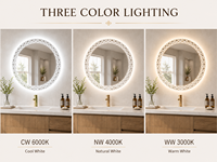 Miroir de salle de bain rond à LED Bluetooth, rétroéclairé et éclairé par l'avant, à intensité variable, anti-buée, 3 couleurs, pour la salle de bain et le salon