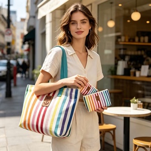 Canvas Rainbow Striped Tote Bag Set Portable <b>Handbag</b> With Matching <b>Small</b> Pouch For Daily Commute Shopping Bag - Product Image 4