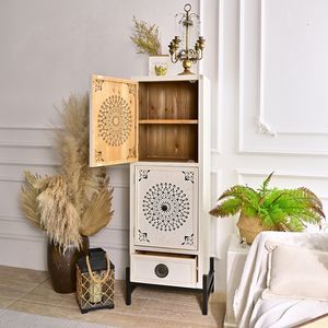 INNOVA Home Kitchen <b>Sideboard</b> Living Room White Wooden Carved Storage Drawer Cabinet with 2 Doors Accent Modern <b>Metal</b> Handles - Product Image 4