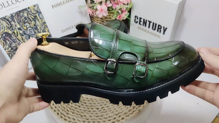 Men's Thick Sole Green Double Monk Strap Shoes Height Increasing