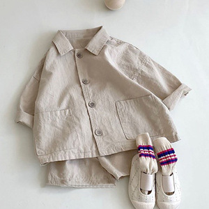 Conjunto de Dos Piezas Informal para Niños, Estilo Preppy de Verano, Camisa de Lona con Solapa y Pantalones Cortos, para Niños y Niñas, Estilo Han Fan - Product Image 6