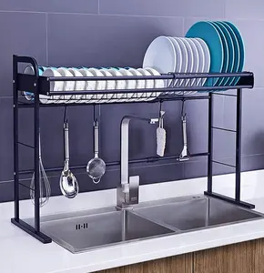 بالجملة قابل للتعديل المطبخ الرف رف صغير-2 تيير معدن أسود تخزين الرف فوق الحوض قابل للتعديل رف لتجفيف الأطباق للمطبخ
