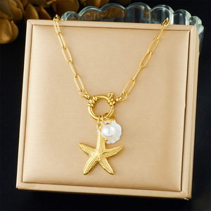 Gold Plated Starfish Pearl Seashell Necklace Women's Everyday Wear Fashion Jewelry Chain Pendant Ocean Theme - Product Image 1