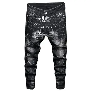 China factory high quality new style black printed stretch skinny jeans for men