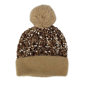 Vente chaude BAS quantité minimale de commande OEM ODM <span class=keywords><strong>Bonnet</strong></span> Automne Hiver <span class=keywords><strong>Femme</strong></span> Couleur Unie Paillettes En Peluche Tricot Amovible Pompon Chaud <span class=keywords><strong>Bonnet</strong></span> Hiver - Product Image 3