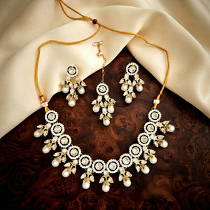 Conjunto de Collar y Pendientes de Boda Vintage de Aleación Chapada en Oro Antiguo con Circones y Perlas de Imitación de Alta Calidad, Joyería Certificada por Terceros - Product Image 1