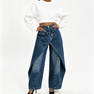 Jean <span class=keywords><strong>en</strong></span> denim asymétrique à jambes larges pour femme avec <span class=keywords><strong>jupe</strong></span> superposée amovible Sehe Fashion - Product Image 1