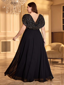 Abito <span class=keywords><strong>da</strong></span> <span class=keywords><strong>Sera</strong></span> Lungo in Chiffon Nero con Scollo a V, Maniche a Pipistrello e Paillettes per <span class=keywords><strong>Taglie</strong></span> Forti, Ideale per Cene, Matrimoni e Feste - Product Image 2