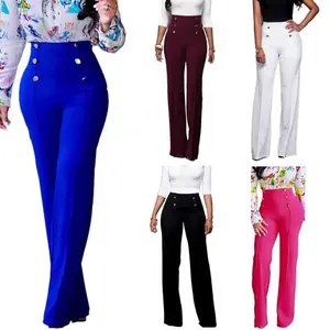 New Women Cheap Wholesale Factory Price New Women Fashion Double-breasted Long Horn Pants Casual Flared Trousers Pants