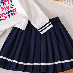 Set Moda 2 Pezzi per <span class=keywords><strong>Bambina</strong></span>: <span class=keywords><strong>Felpa</strong></span> <span class=keywords><strong>Bianca</strong></span> con Scritta + Gonna Plissettata Blu Navy - Product Image 5