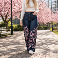 Jean large brodé fleurs de cerisier bleu foncé pour femme, taille haute, motif floral, denim tendance, style vintage Sakura