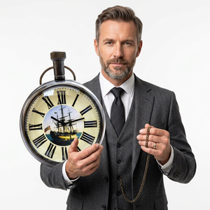 Montre de poche ronde en métal antique CH avec cadran peint représentant un bateau nautique, chiffres romains, objets de décoration pour la maison - Product Image 1
