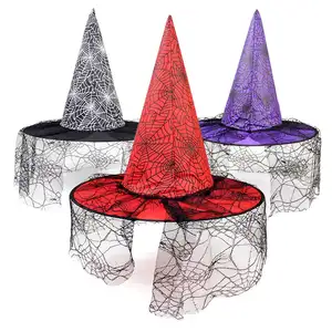 Cappelli a caldo con veli di pizzo Halloween Cosplay casa viola rosso nero cappelli da strega bagliore cappello da strega