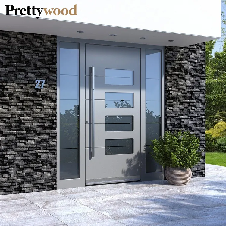 Prettywoodモダングレーデザインガラス挿入金属外装ソリッドアルミニウム正面玄関