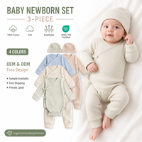 Ensemble 3 pièces en coton côtelé pour nouveau-né : Kimono, body à nouer sur le côté, pantalon et chapeau – Vêtements de bébé boutique