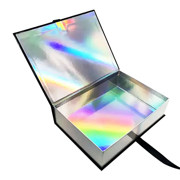 Custom Luxury Book Shaped Glitter Laser Cardboard Packaging Box Holographic Shiny Gift Box With Ribbon Closure