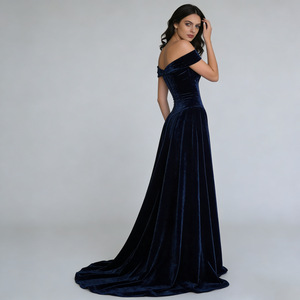 Robes de soirée de gala de mariage de luxe pour femmes, en velours bleu marine, à épaules <span class=keywords><strong>d</strong></span>énudées, coupe ajustée, longue traîne - Product Image 2