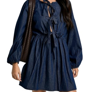 Vestido vaquero mini de línea A más vendido con manga larga abullonada y detalle de lazo frontal, vestido casual de mezclilla para mujer - Product Image 1