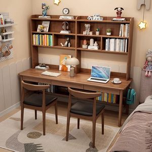Escritorio Doble de Madera Maciza, Escritorio de <span class=keywords><strong>Estudio</strong></span> y Computadora Alargado con Estantería Integrada, Diseño Clásico Francés Tallado Moderno para Primaria - Product Image 1