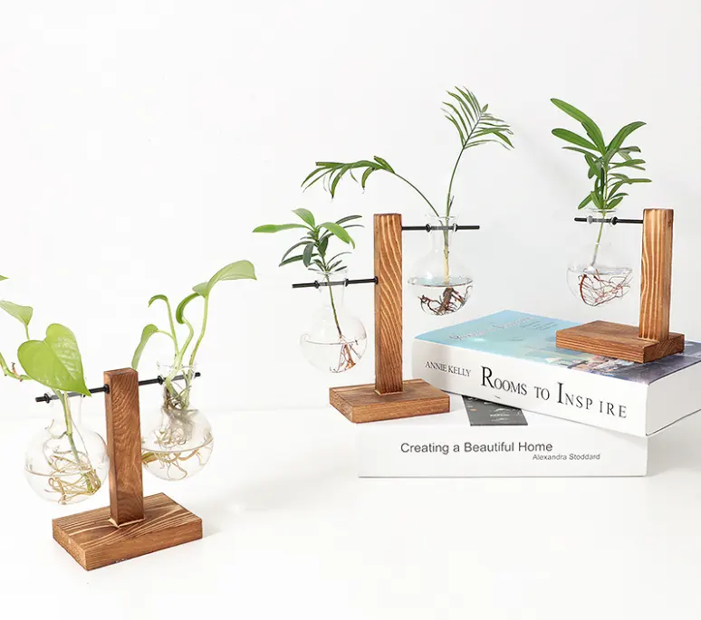 Terrarium plante avec support en bois rétro, support pivotant en métal, Vase d'ampoule en verre, décoration de mariage de maison, plantes hydroponiques