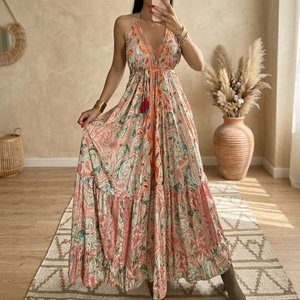 Vestido maxi casual de mujer con corte en A, diseño fluido sin espalda, cuello halter cruzado, sin mangas, con bordado a cuadros, lavable, para verano - Product Image 2