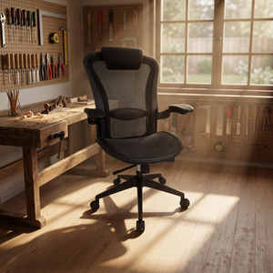 Chaise de bureau ergonomique en maille avec accoudoirs réglables et appui-tête intégré, chaise de bureau pivotante pour atelier - Product Image 1